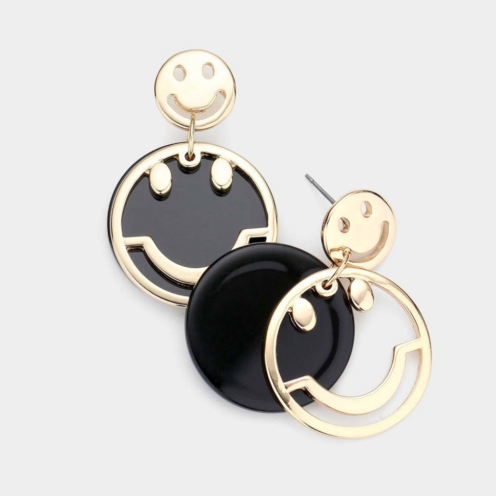 Black Gold Smiley Face Dangle Earrings Layered Round Happy Cute Fun Fashion 046